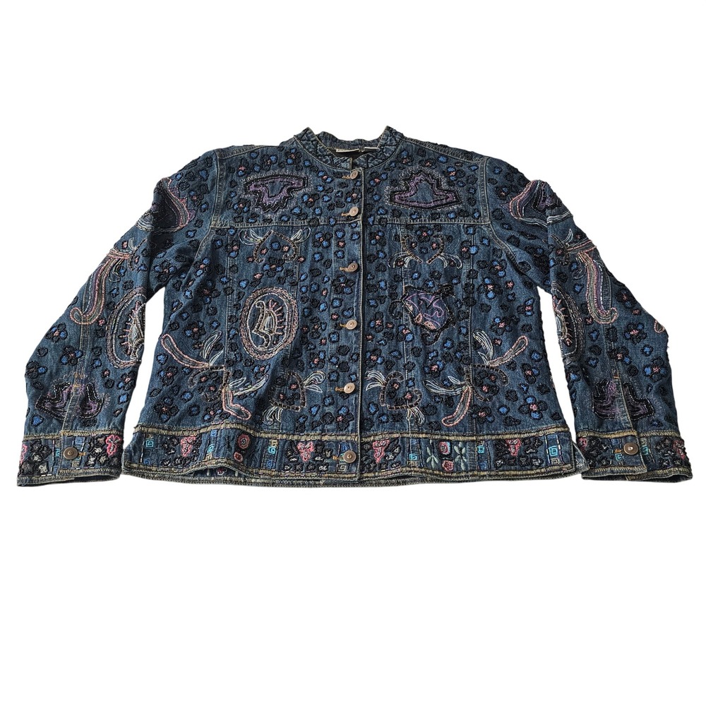 Chicos Heavily Beaded Denim Jacket L Blue Art to Wear Bohemian Paisley Artsy - Picture 5 of 12